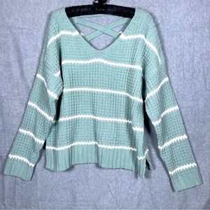 Moral Fiber NWT Chenille V-neck Chunky Knit Cross Back Green Striped Sweater